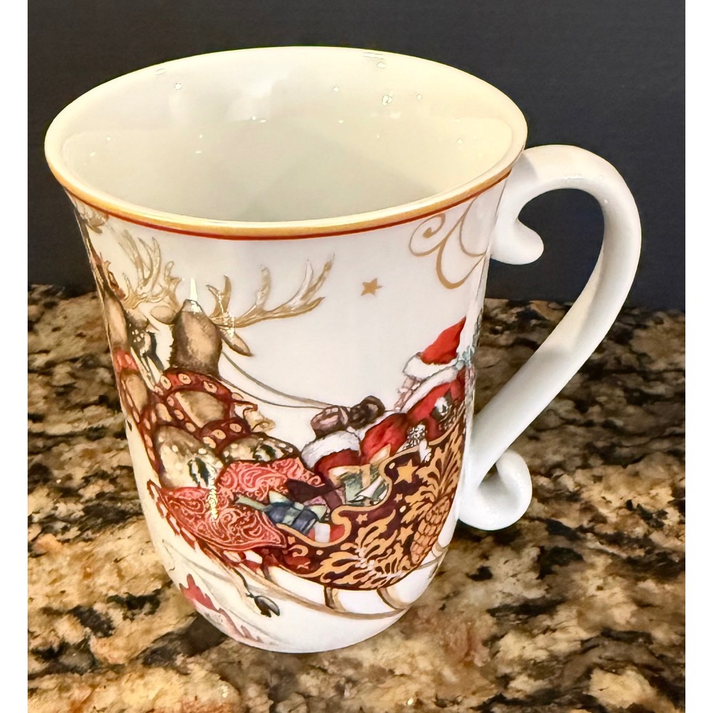 Williams Sonoma Coffee Mug White Twas Night Before Christmas Sleigh Santa